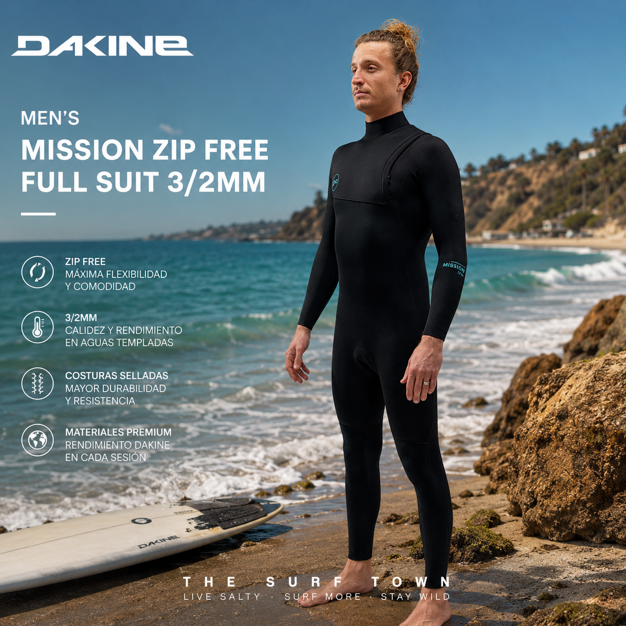 Neopreno Dakine MEN'S MISSION ZIP FREE FULL SUIT 3/2MM en fotografía editorial propia de THE SURF TOWN sobre una playa mediterránea de verano