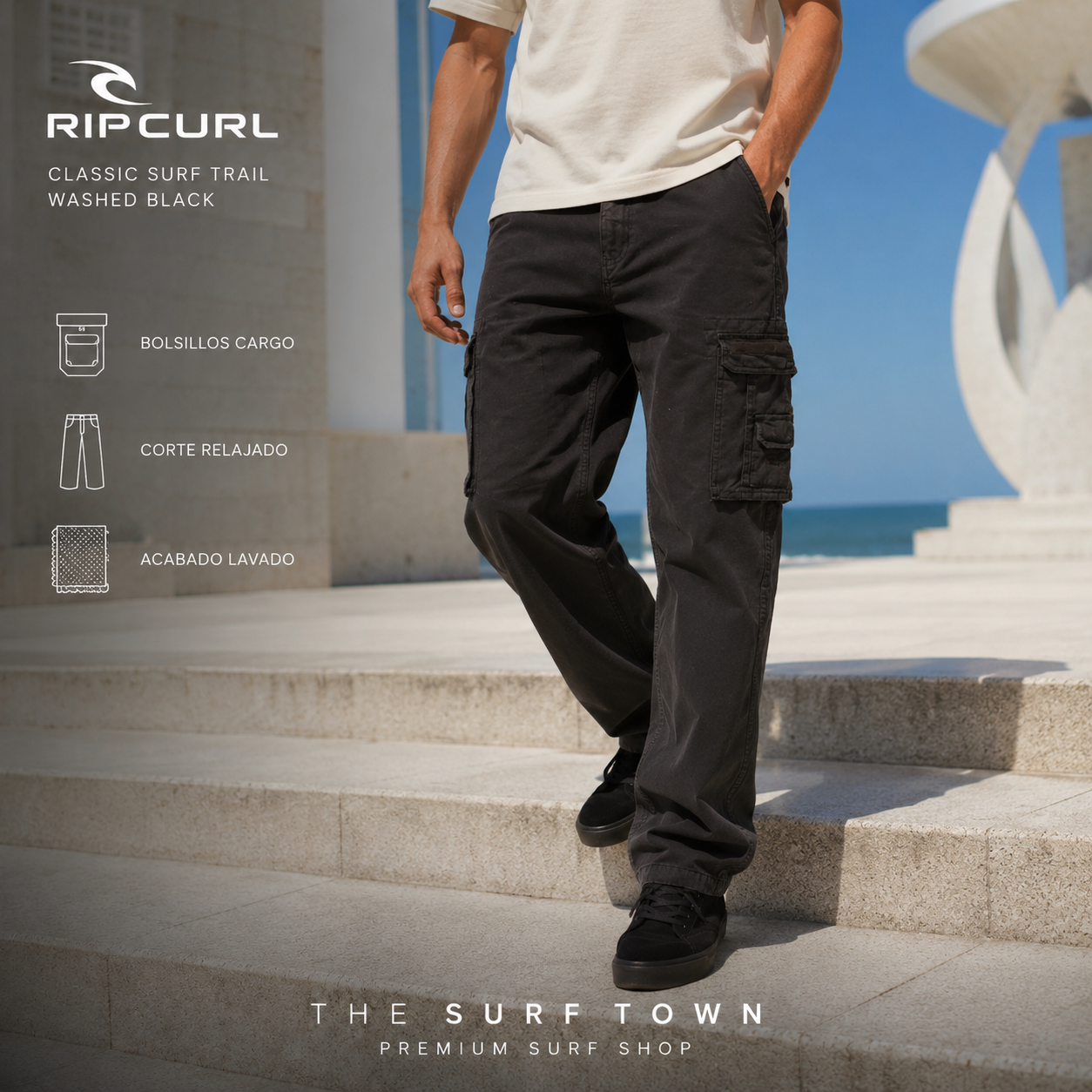 Pantalón cargo Rip Curl Classic Surf Trail Washed Black de hombre en una imagen editorial propia de THE SURF TOWN