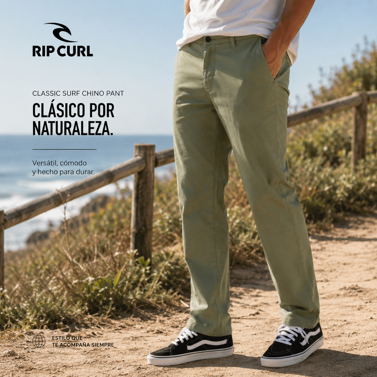 Pantalón chino Rip Curl Classic Surf Chino Pant Green para hombre en entorno costero lifestyle surf