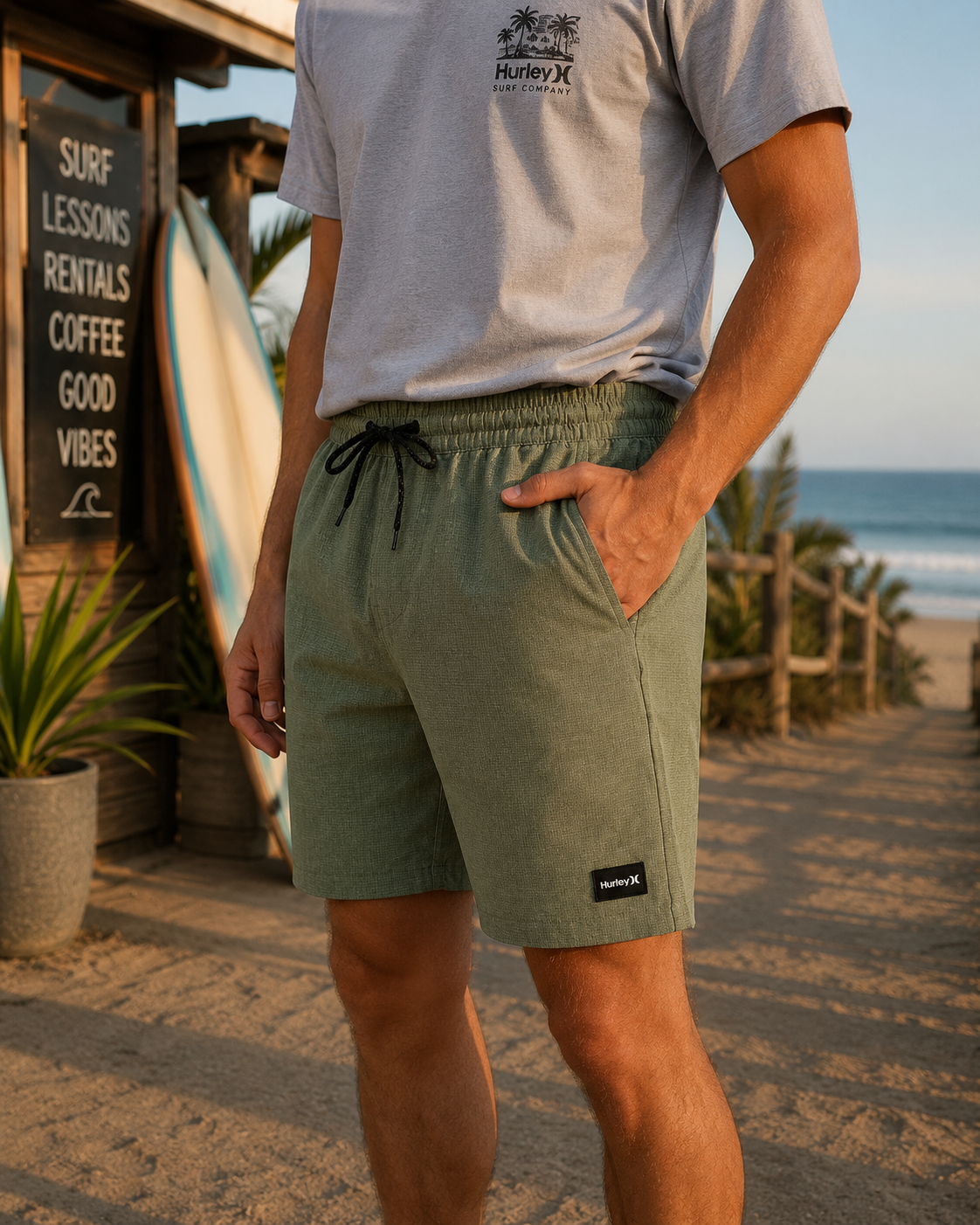 Pantalón Hurley Grizzly 18 verde para hombre en ambiente surf shack lifestyle premium Costa del Sol