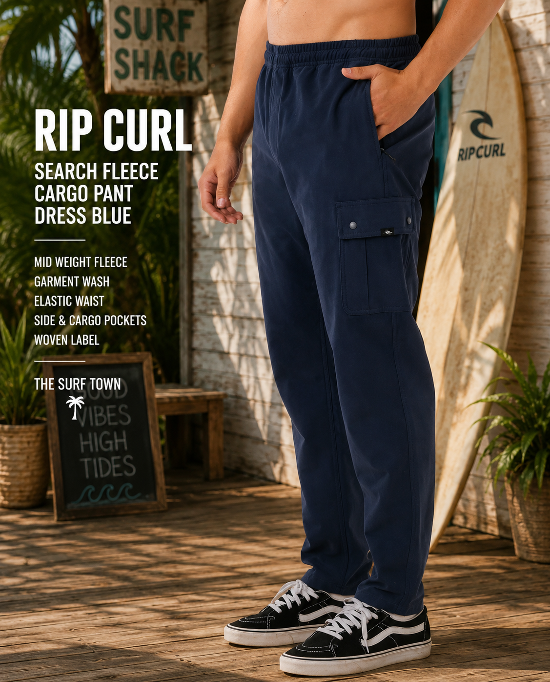 Pantalón Rip Curl Vaporcool Mick Fanning Navy en surf shack tropical premium con estética surf lifestyle masculina