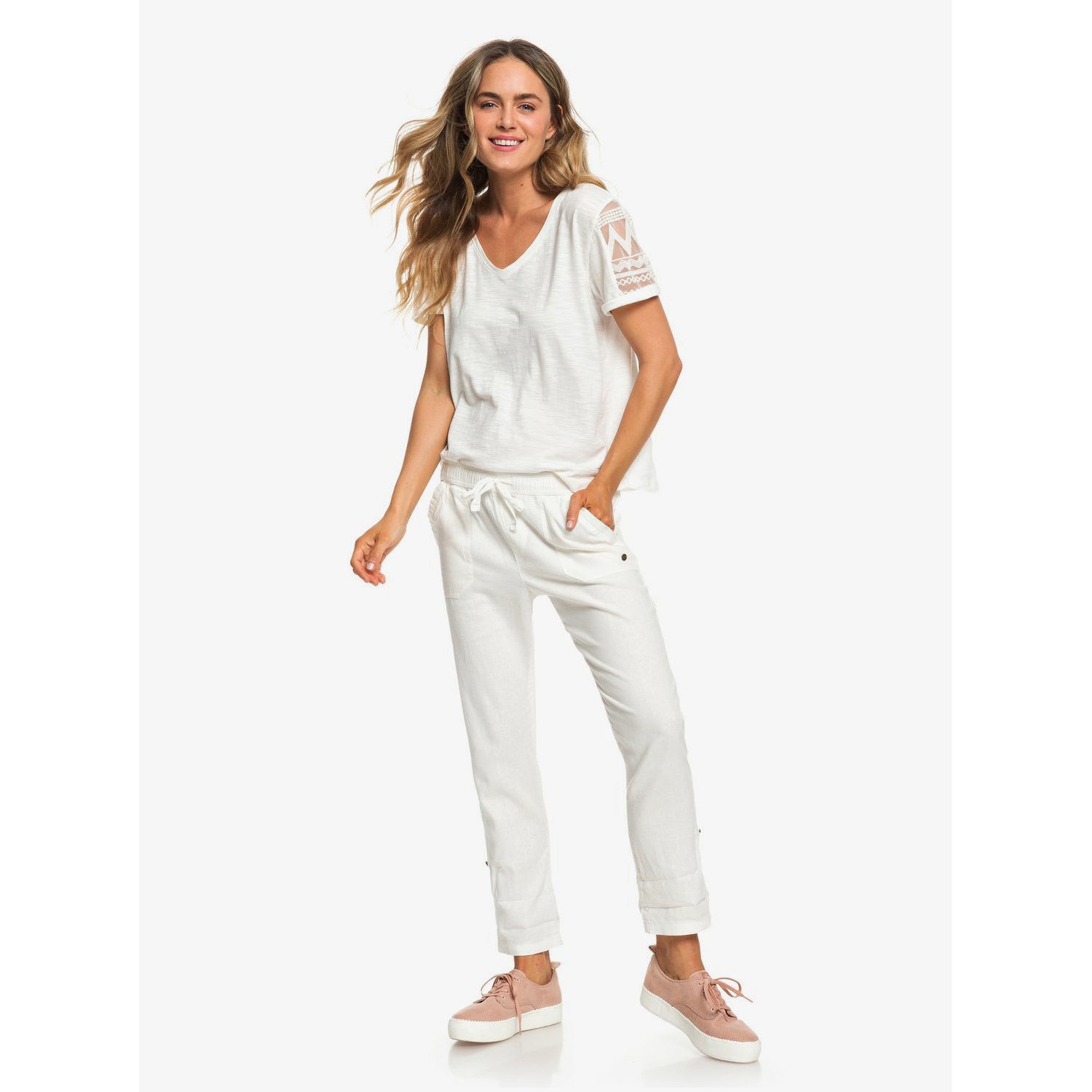 pantalon roxy blanco mujer largo verano ligero lino viscosa cómodo ajuste elastico