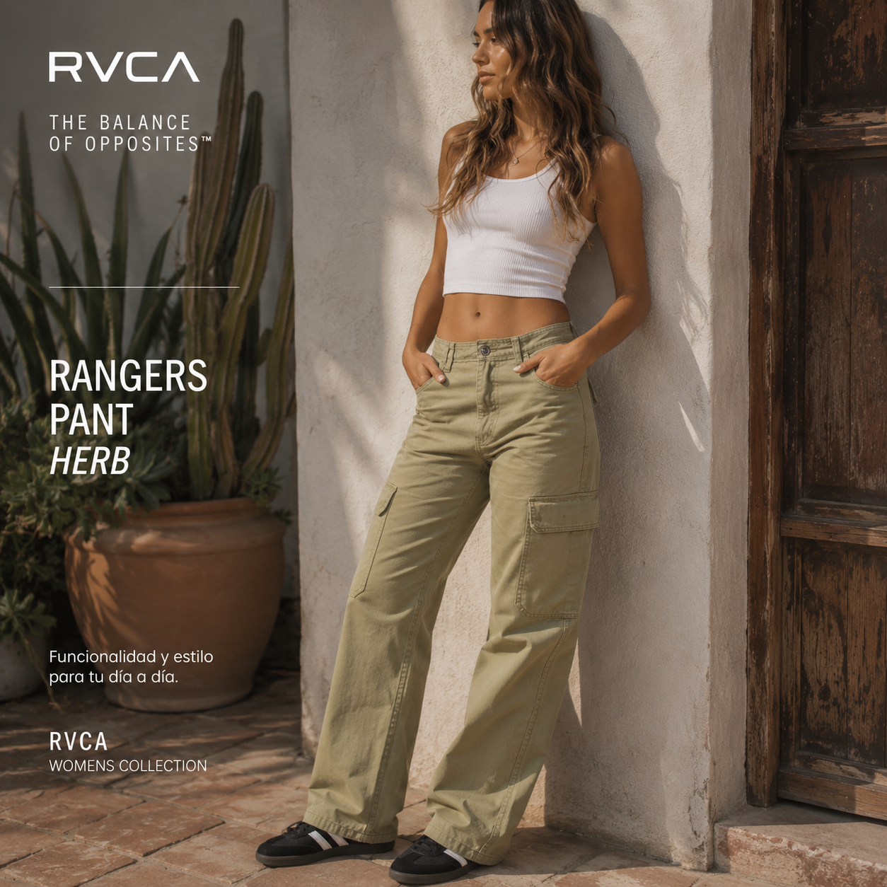 Pantalón Rvca Rangers Pant Herb verde oliva estilo surfwear premium para mujer