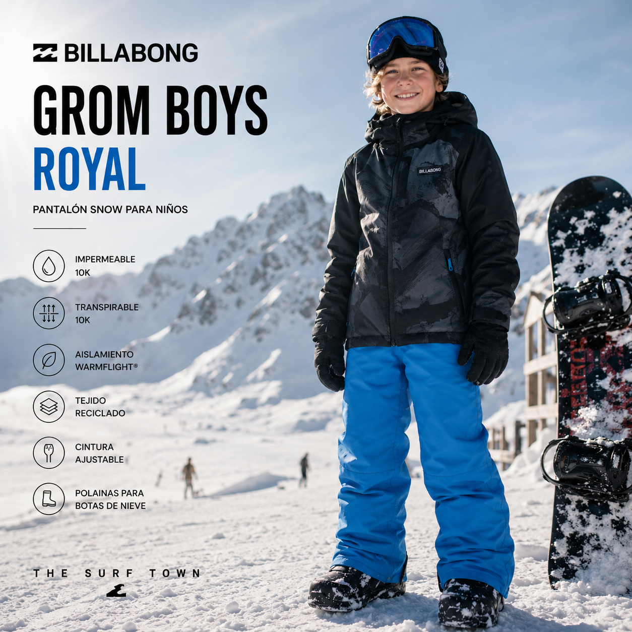 Pantalón Snow Billabong Grom Boys Royal para niños en fotografía editorial propia de THE SURF TOWN, pantalón de snowboard infantil azul con protección impermeable para nieve y montaña
