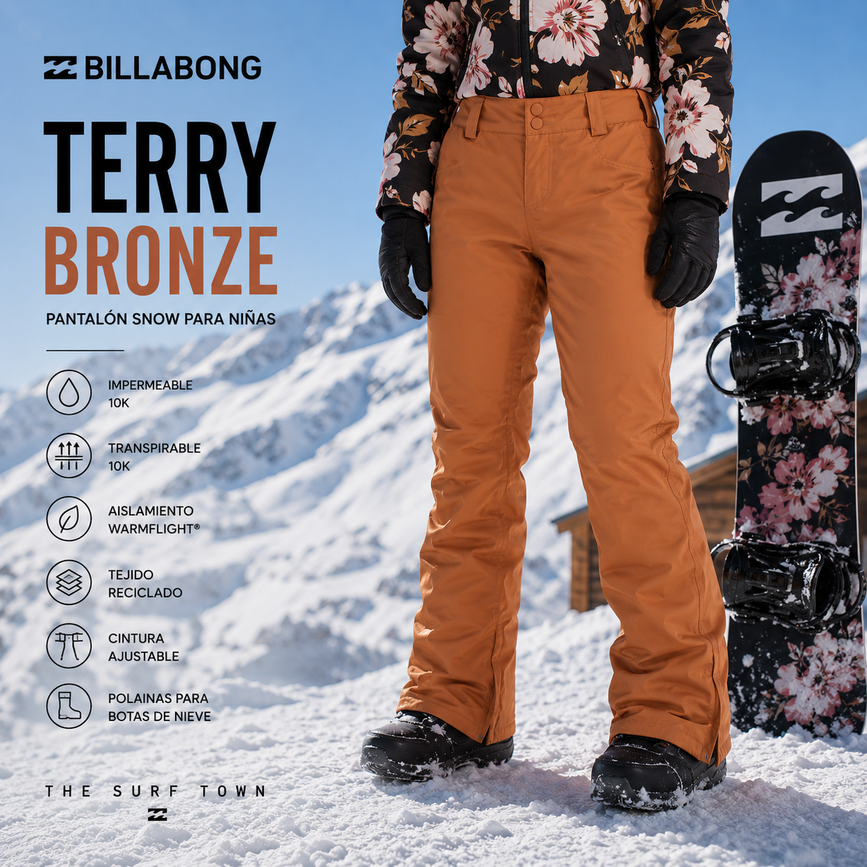 Pantalón Snow Billabong Terry Bronze en fotografía editorial propia de THE SURF TOWN, pantalón de snowboard para mujer color bronze con protección impermeable y estilo premium para nieve
