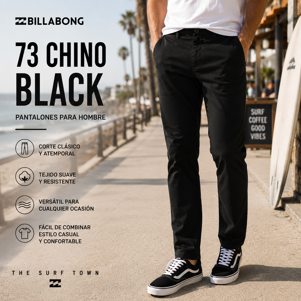 Pantalones Billabong 73 Chino Black en fotografía editorial propia de THE SURF TOWN, pantalón chino negro para hombre con estilo surf urbano premium en paseo marítimo