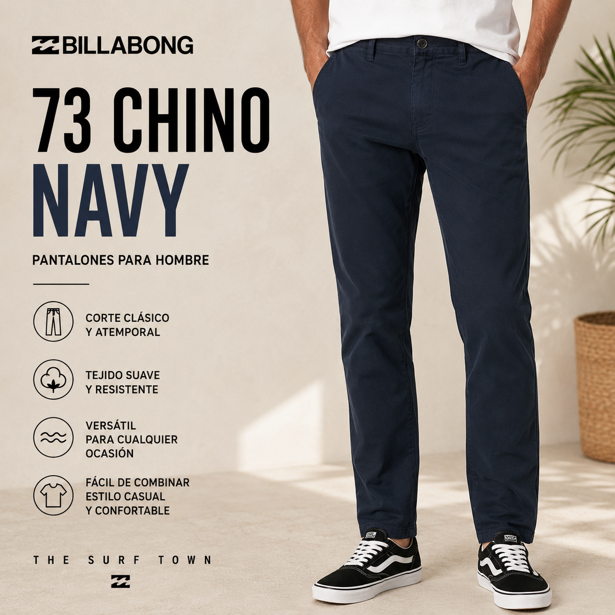 Pantalones Billabong 73 Chino Navy en fotografía editorial propia de THE SURF TOWN, pantalón chino azul marino para hombre con estilo casual surf y look urbano premium