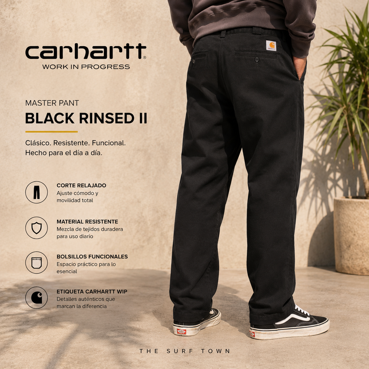 Pantalones Carhartt WIP Master Pant Black Rinsed II en fotografía editorial propia de THE SURF TOWN con estilo urbano, corte relajado y diseño resistente para uso diario