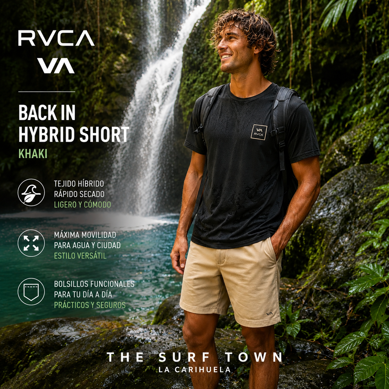 fotografia editorial propia de the surf town de Pantalón híbrido RVCA khaki hombre en cascada tropical selva lifestyle premium