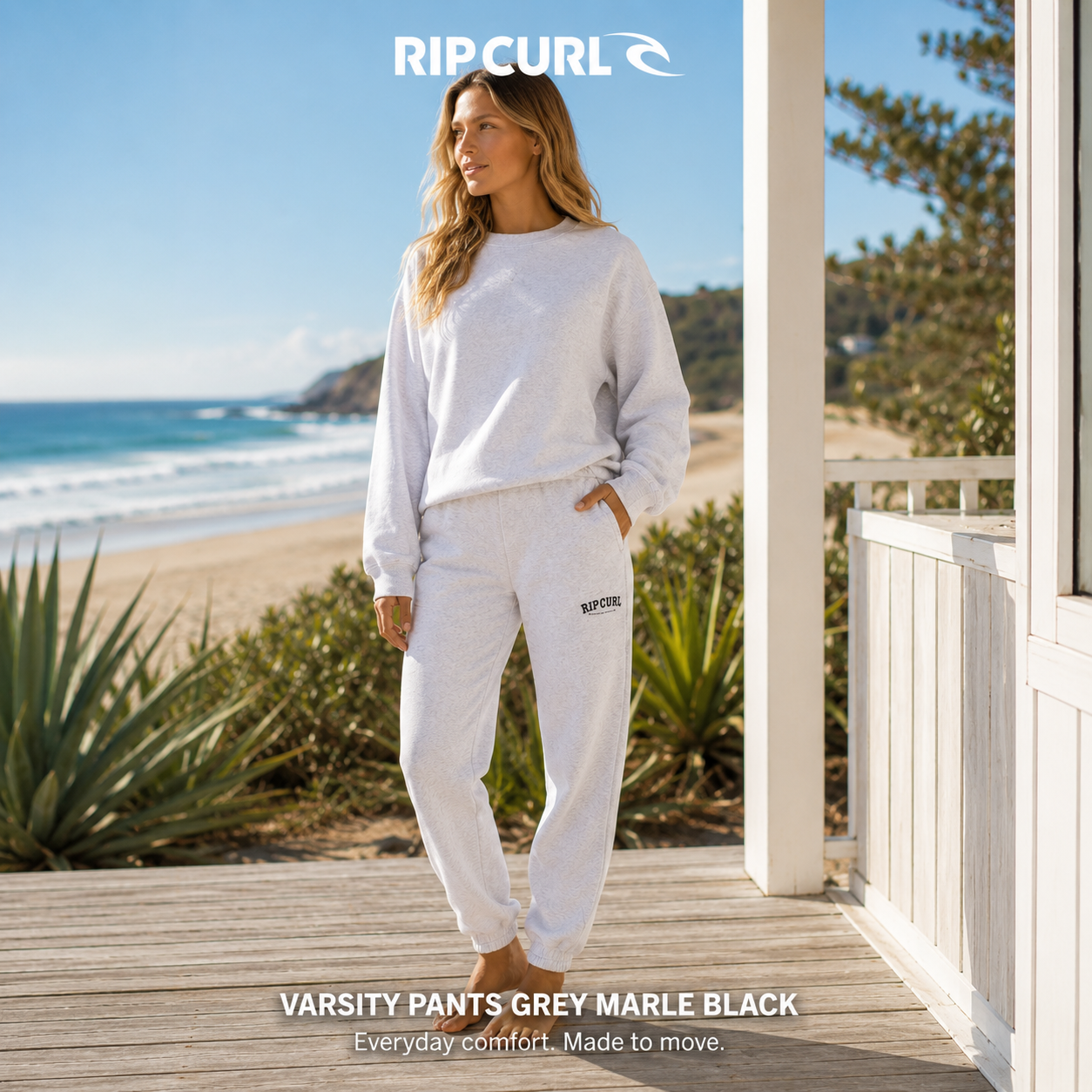 Pantalones de chándal Rip Curl Varsity Pants Grey Marle Black para mujer con corte jogger, tejido cómodo y estilo surf casual