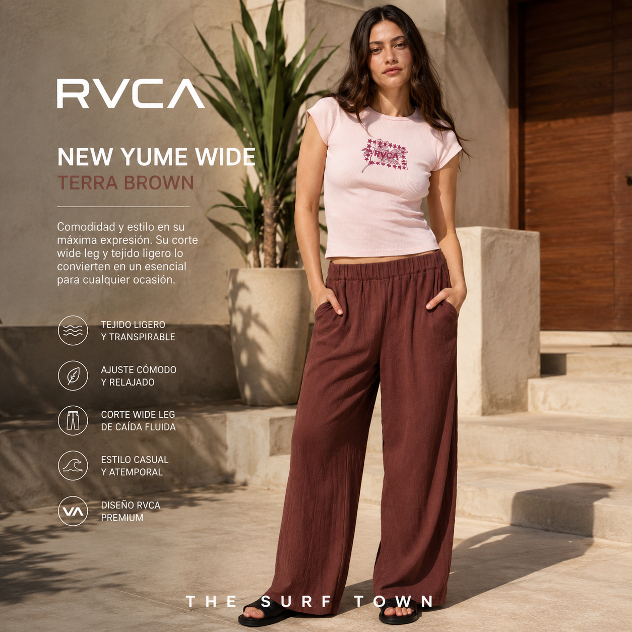 Pantalones RVCA New Yume Wide Terra Brown en fotografía editorial propia de THE SURF TOWN con estilo resort lifestyle premium y luz solar intensa