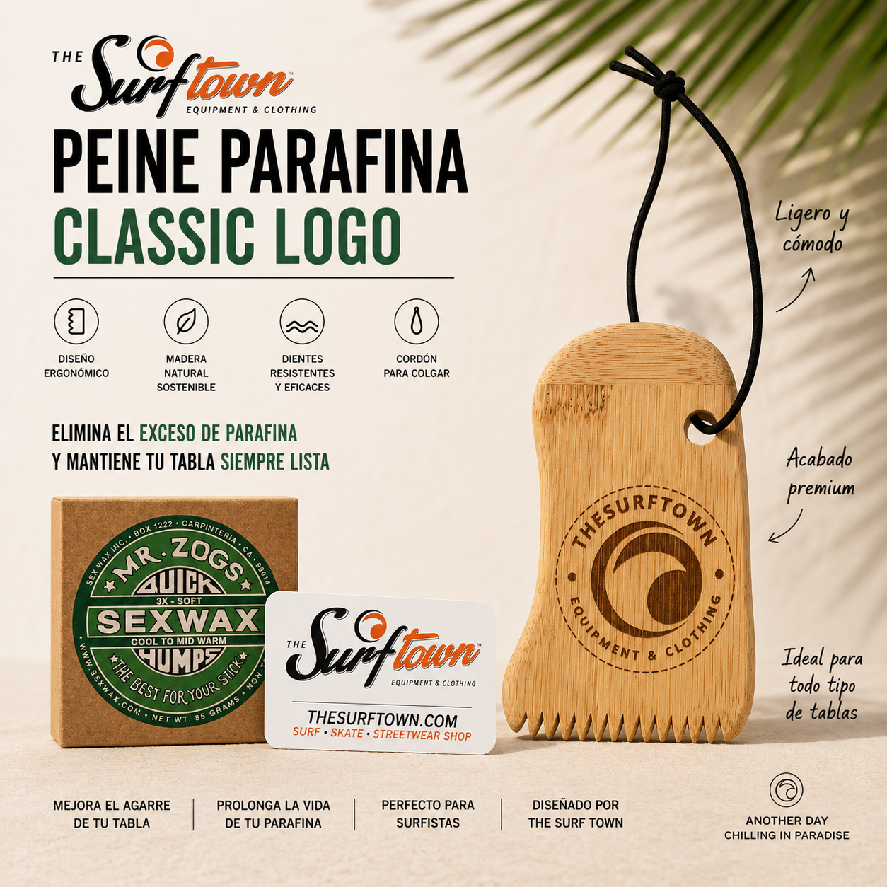 Peine para parafina THE SURF TOWN Classic Logo en fotografía editorial propia de THE SURF TOWN, peine ecológico de bambú para mantenimiento de tablas de surf con logo clásico grabado