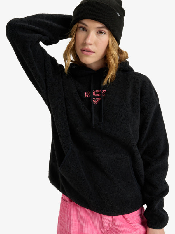 Sudadera polar ROXY Cool Calling Anthracite negra con capucha y logo frontal para mujer