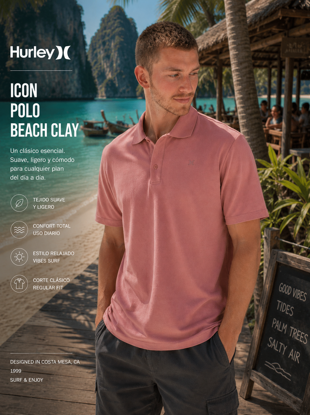 Polo Hurley Icon Beach Clay para hombre en escena atolón tropical Thailandia lifestyle premium