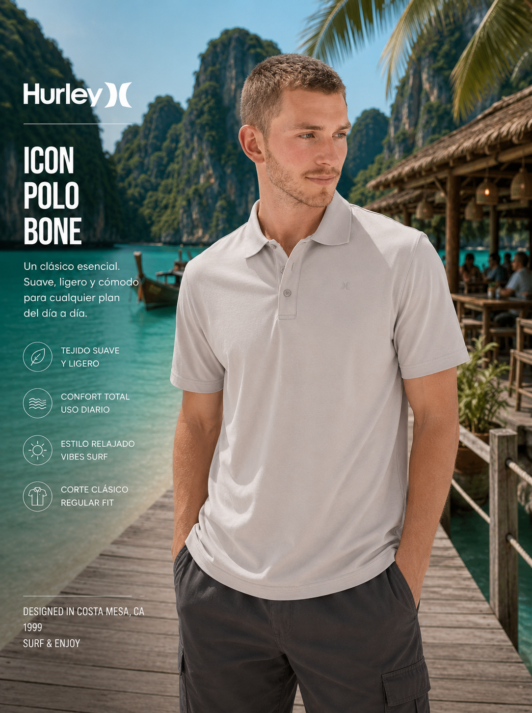 Polo Hurley Icon Bone para hombre en escena atolón tropical Thailandia lifestyle premium