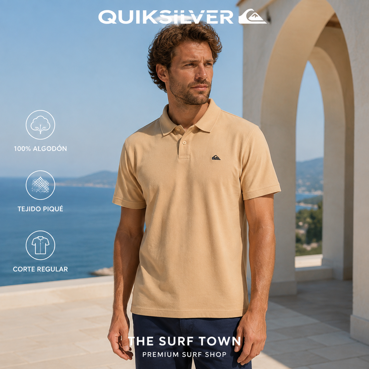 Hombre con polo Quiksilver MW Pique Khaki en una terraza frente al mar, imagen editorial propia de THE SURF TOWN