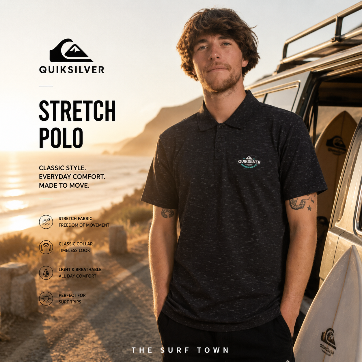 Fotografía propia de THE SURF TOWN del polo Quiksilver Strecht Black para hombre durante un surf trip al amanecer junto a una furgoneta y tablas de surf