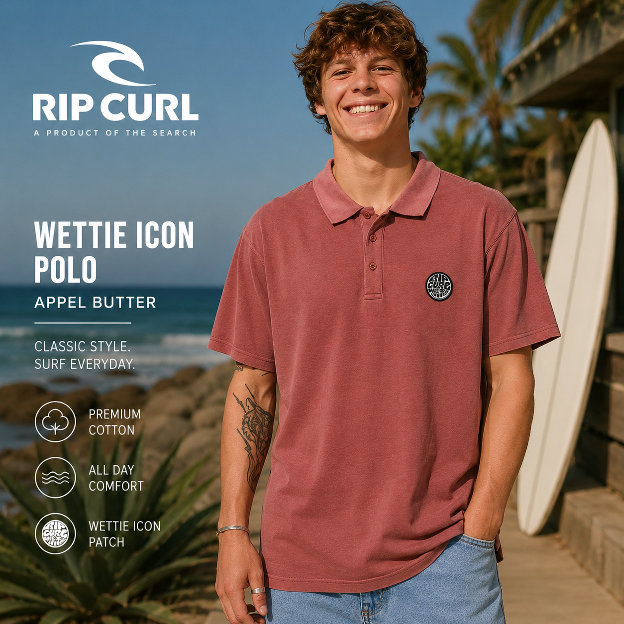 Polo Rip Curl Wettie Icon Apple Butter para hombre con estilo surf casual y tejido cómodo
