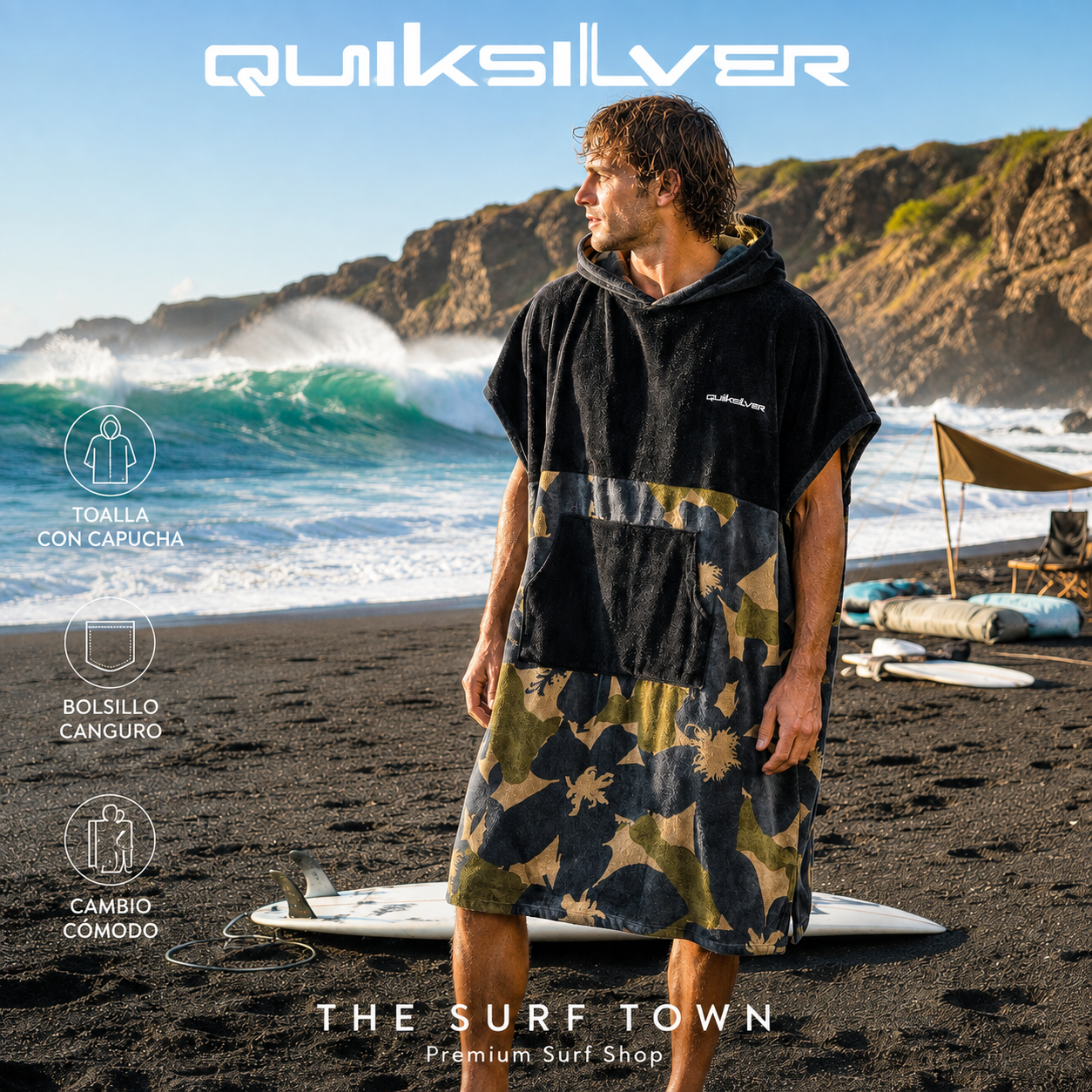 Poncho Quiksilver Hoody Towel Grape Leaf con surfista en imagen editorial propia de THE SURF TOWN