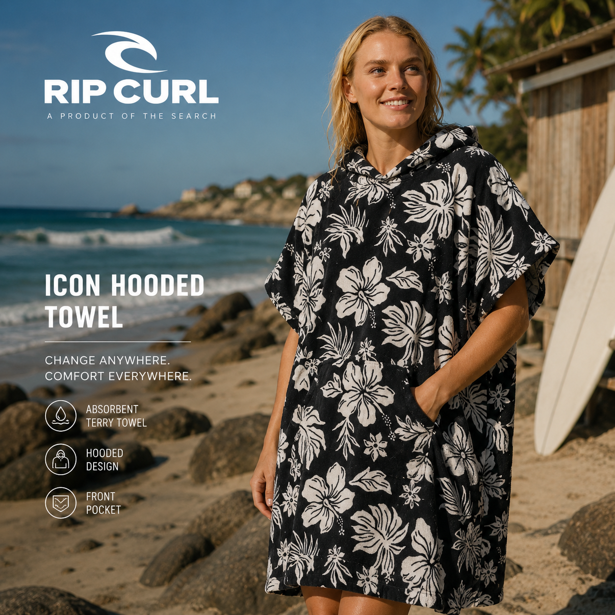 Poncho Rip Curl Icon Hooded Towel Black White para mujer en playa surf con diseño floral y capucha