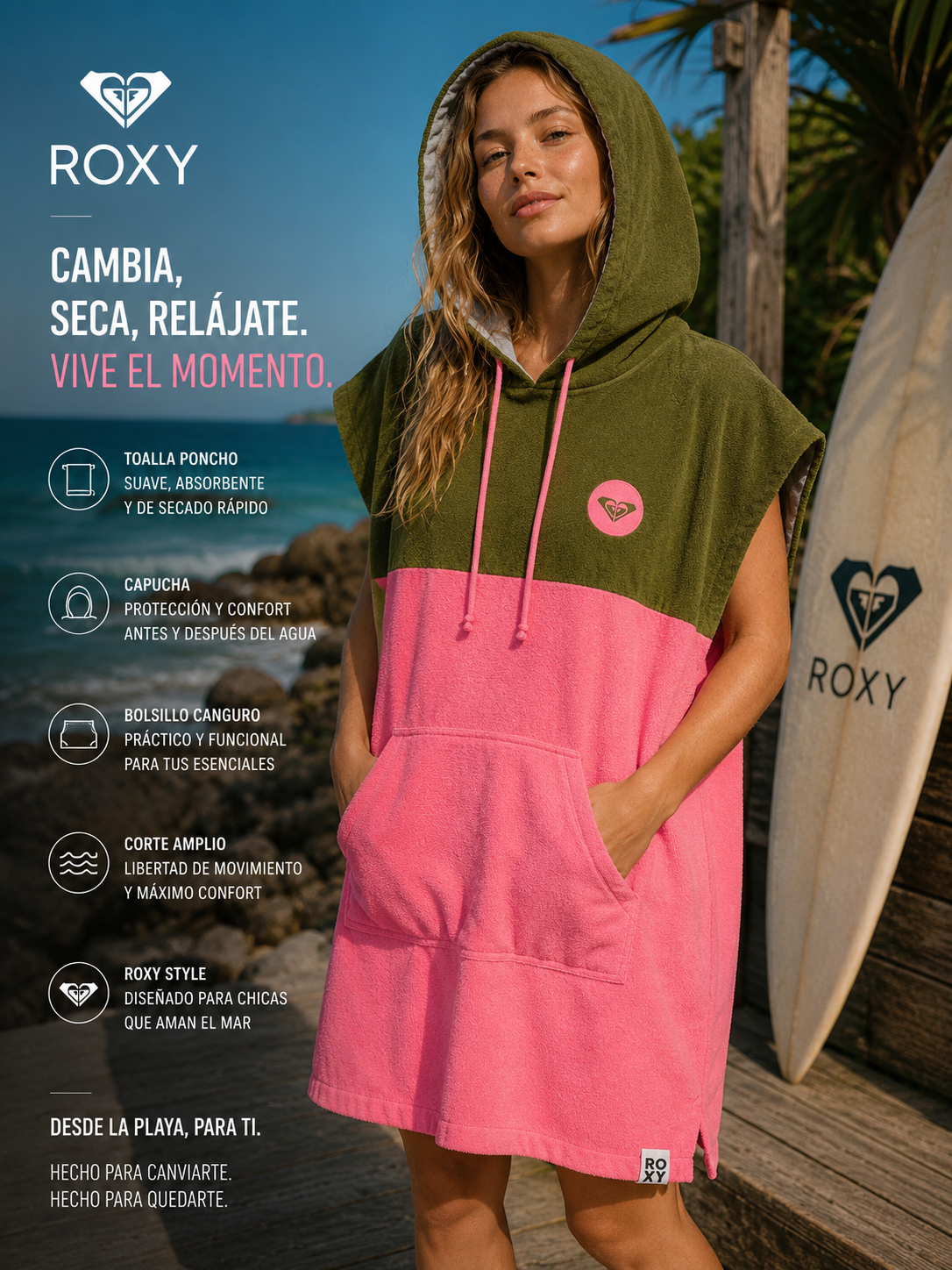 Poncho Roxy Always In My Head Plumeria para mujer en escena beach lifestyle premium junto al mar