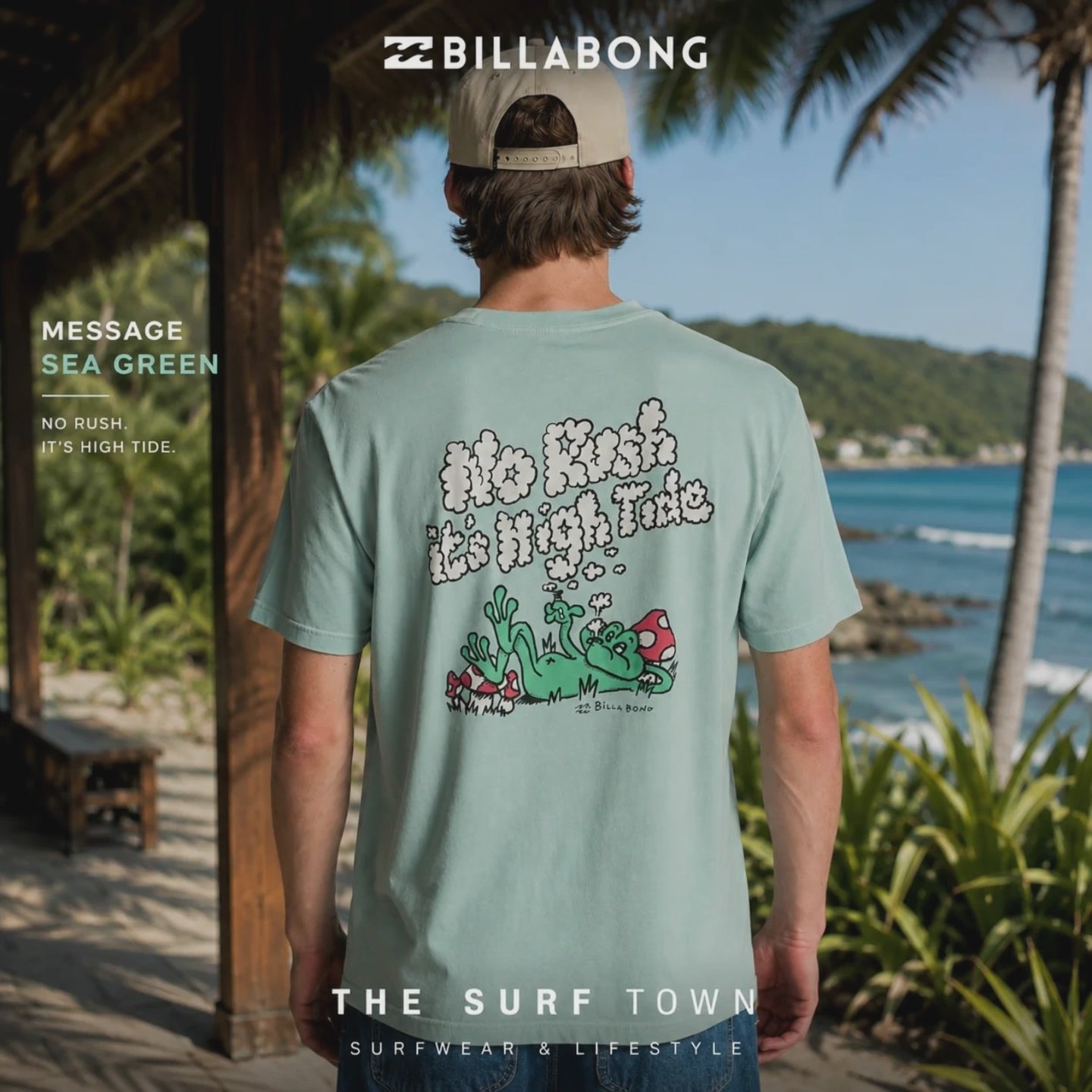 video editorial propio de the surf town de modelo con camiseta billabong message sea green en exterior con fondo de playa