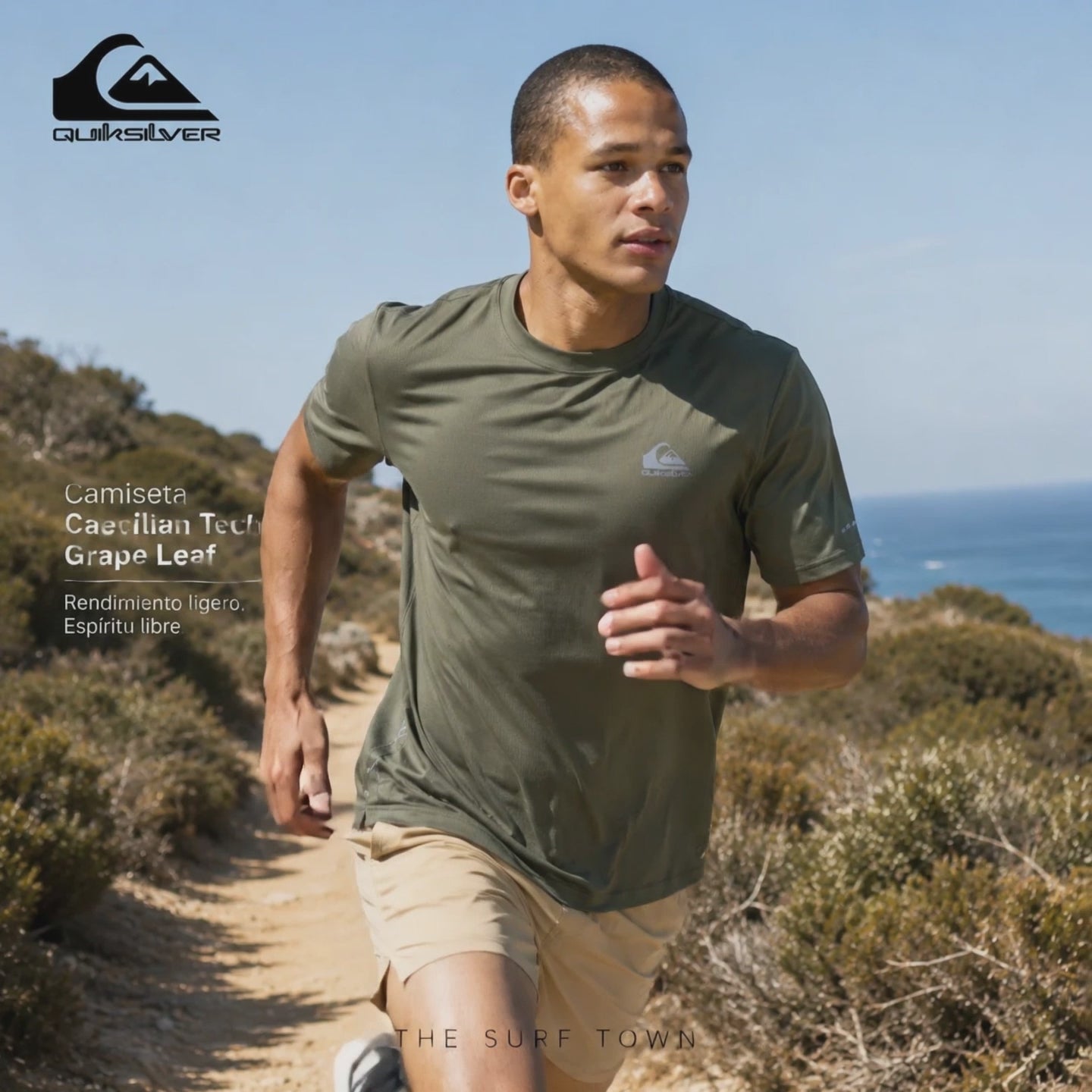 video editorial propio de the surf town de deportista usando una Camiseta Quiksilver Caecilian Tech Grape Leaf mientras hace deporte en un sendero cerca de la playa