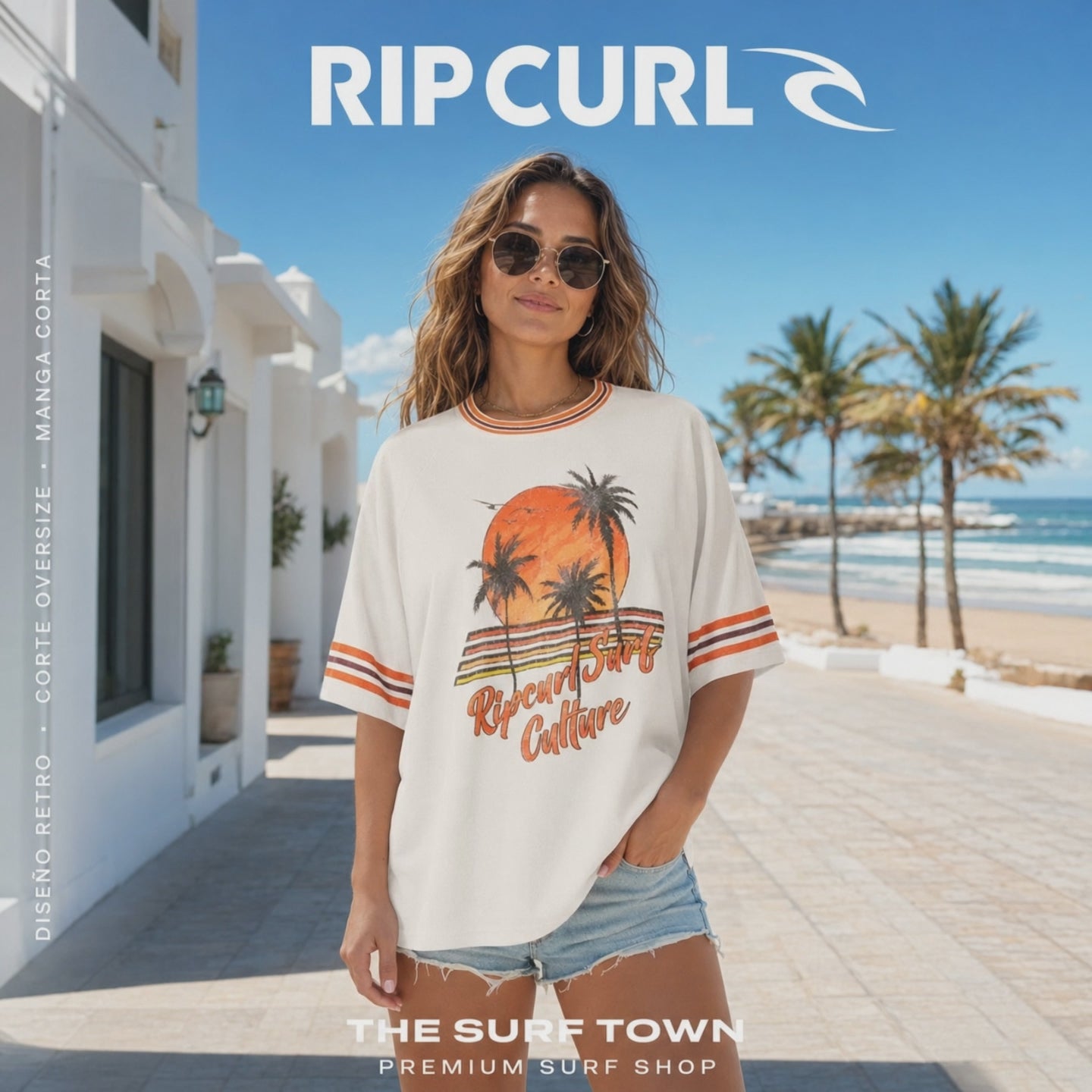 Camiseta Rip Curl Surf Culture Bone con diseño retro, franjas en las mangas y gráfico delantero en un video editorial propia de THE SURF TOWN en un paseo maritimo