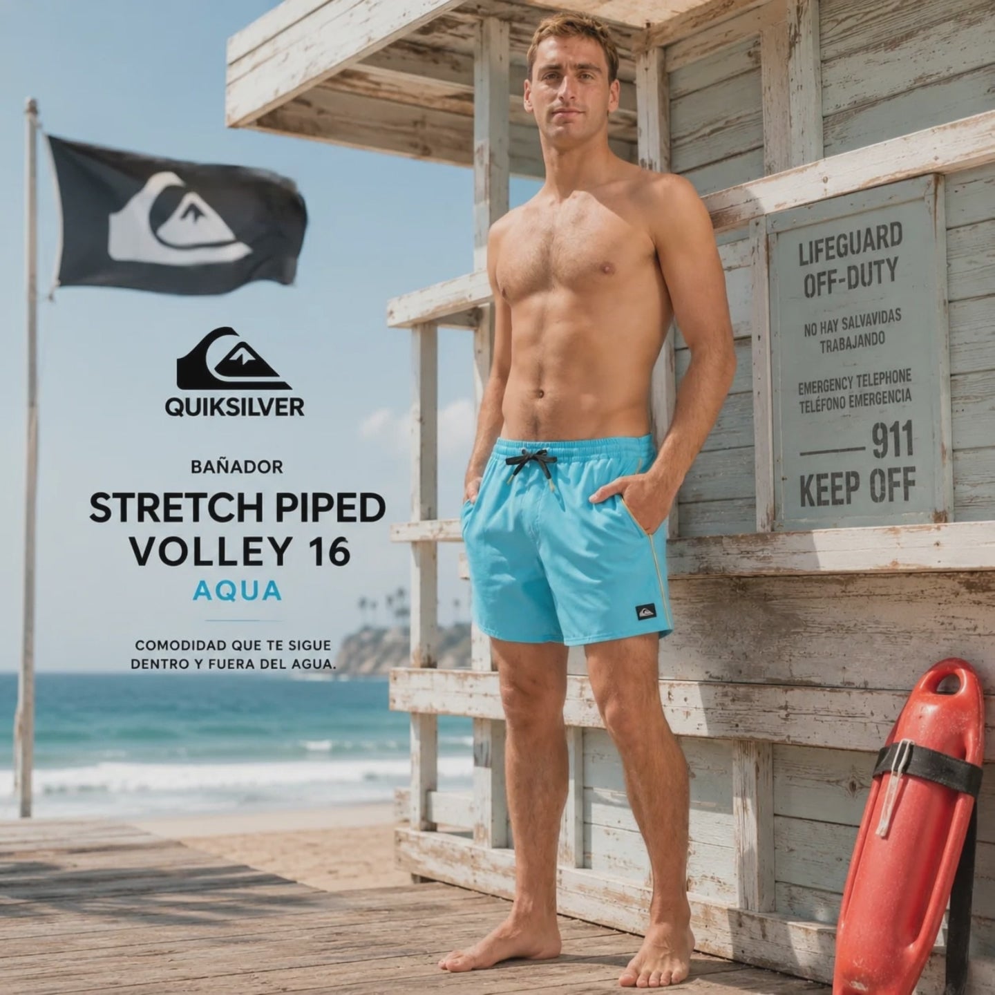 surfero llevando un Bañador Quiksilver Strecht Piped Volley 16 Aqua en una sesion de video propia de the surf town en la playa