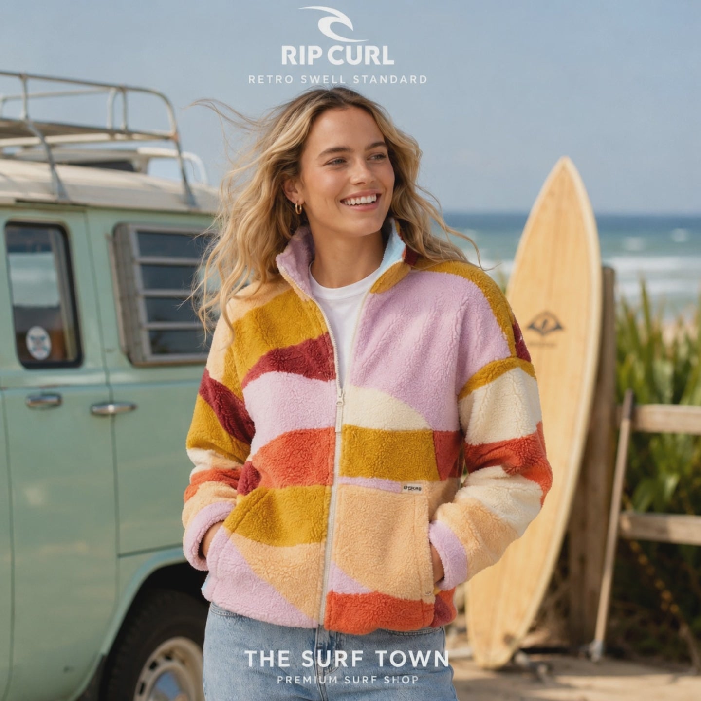 mujer llevando un Forro Polar Rip Curl Retro Swell Standard durante una sesion editorial de video de the surf town en la playa