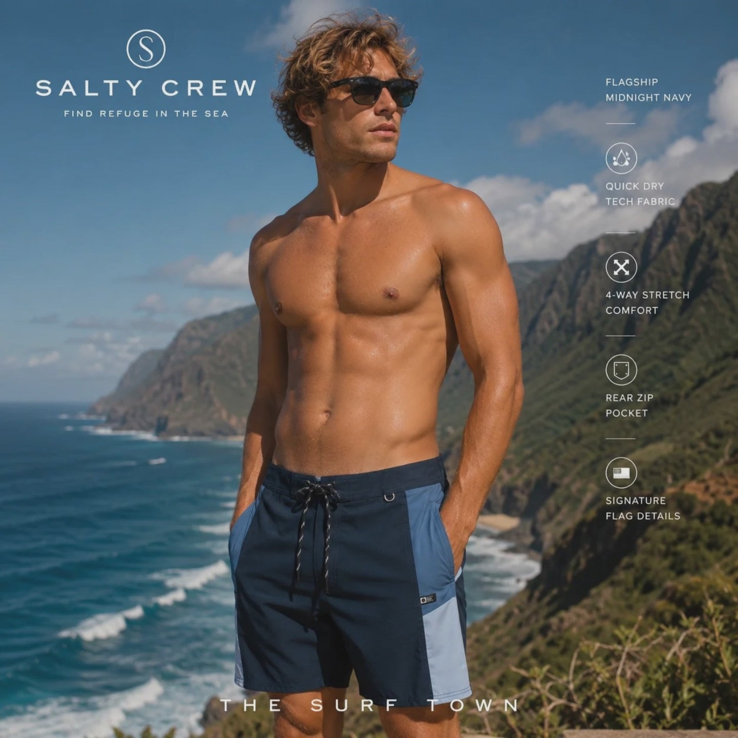 modelo vistiendo un Bañador Salty Crew Flagship Midnight Navy durante una sesion de video promocional de the surf town en un acantilado con vistas al mar