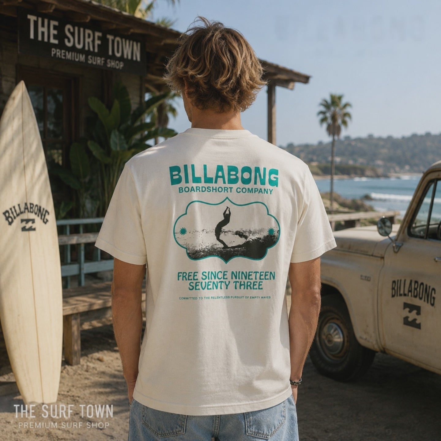 hombre surfero vistiendo una camiseta billabong glance oatmeal durante un video promocional propio de the surf town en una cabaña de madera junto al mar
