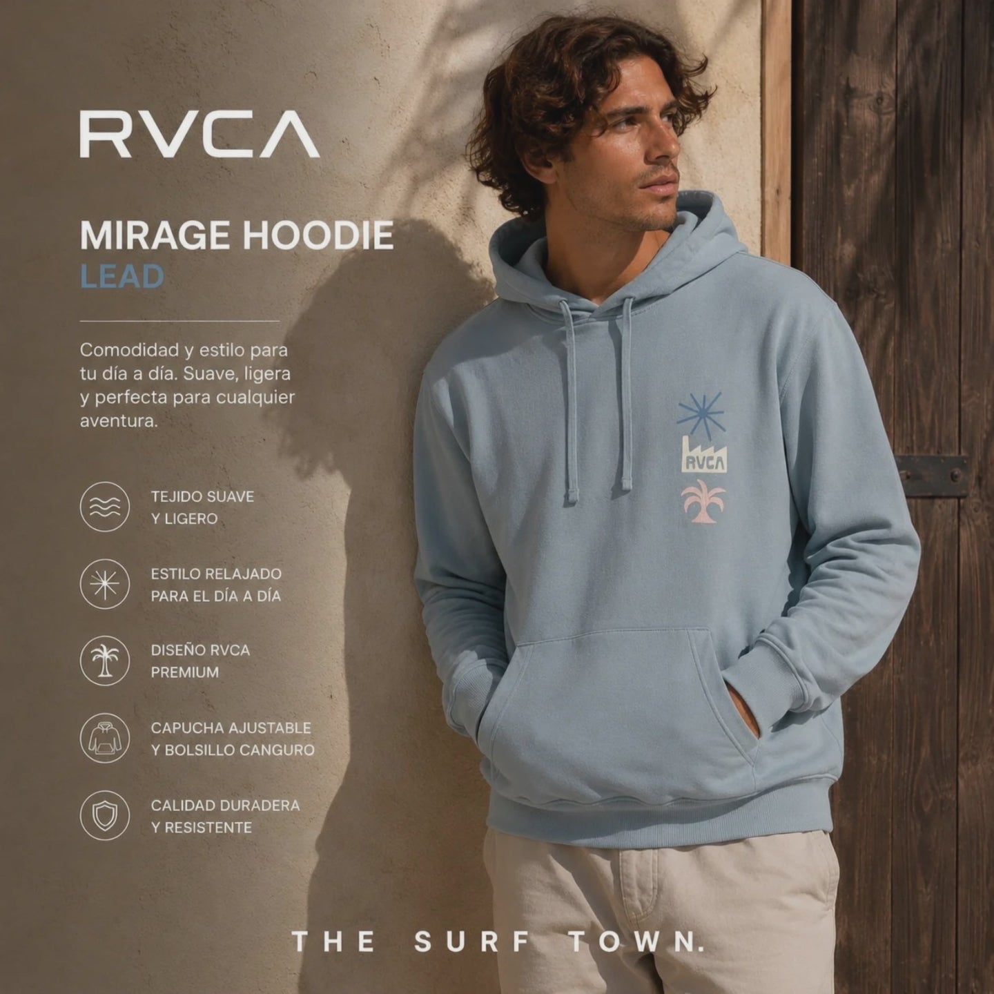 video editorial propiao de the surf town de hombre llevando una Sudadera RVCA Mirage Hoodie Lead en el exterior de un patio