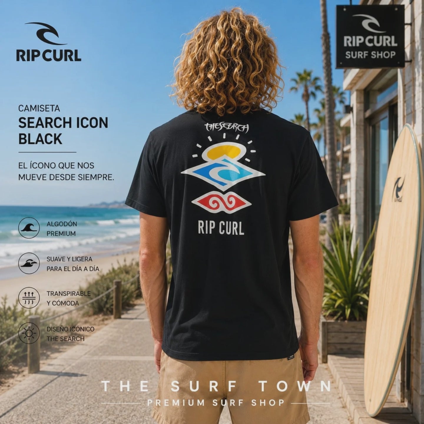 modelo vistiendo una Camiseta Rip Curl Search Icon Black en un video shut de the surf town junto a una tienda de surf rip curl en la playa