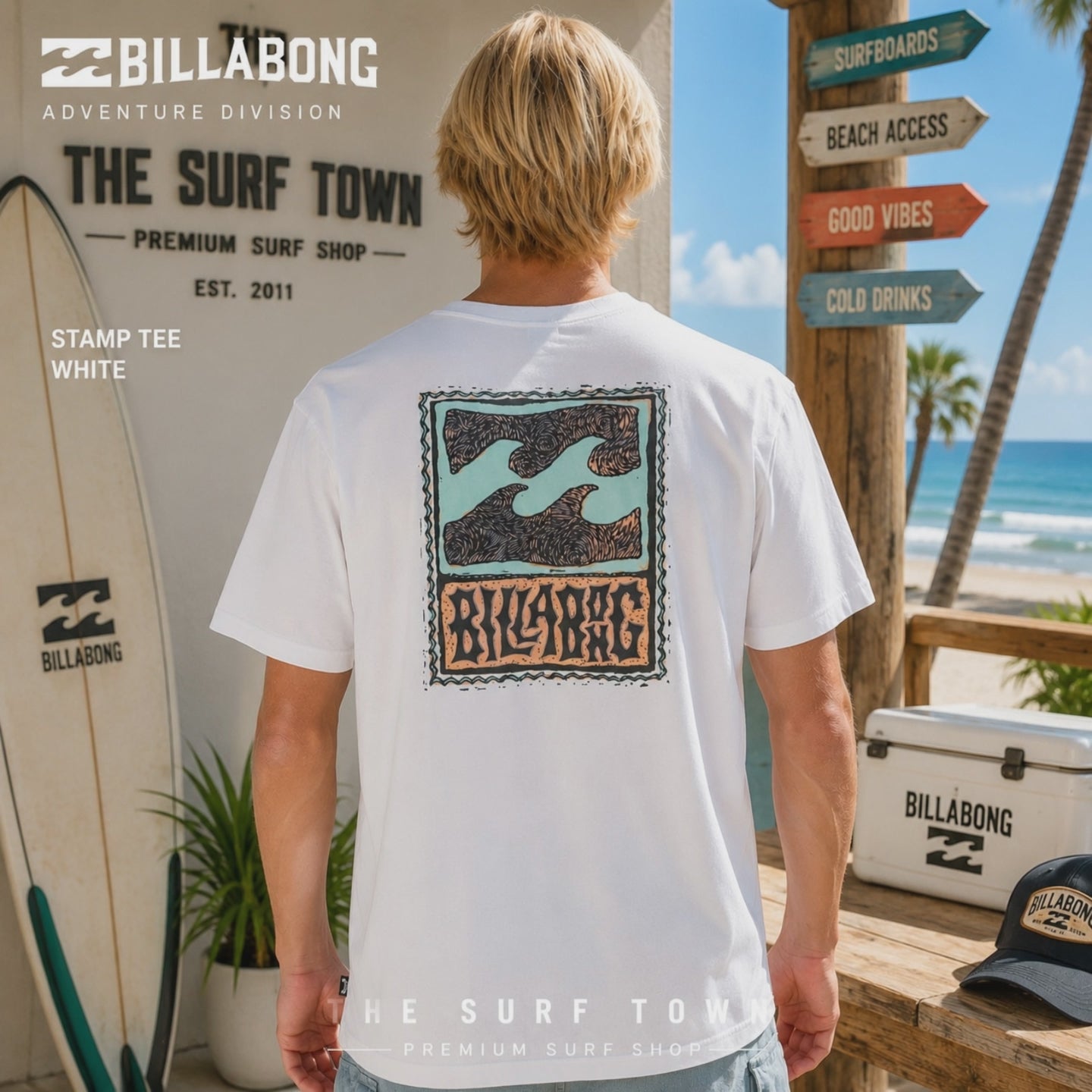 video editorial propio de the surf town de un modelo vistiendo una camiseta billabong stamp blanca durante una sesion de shooting promocional junto a la playa