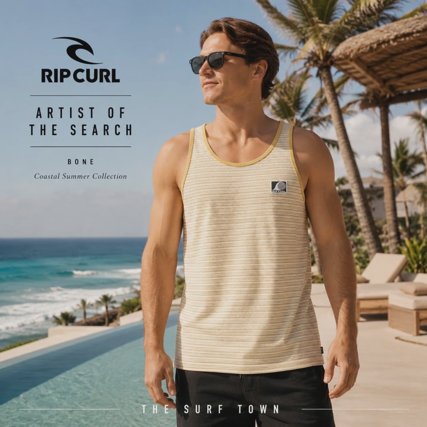 video promocional de the surf town de modelo vistiendo una Camiseta Tirantes Rip Curl Artist of The Search Bone en el exterior de un resort de lujo con vistas al mar
