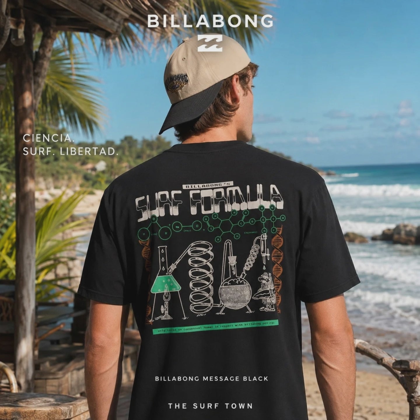 modelo vistiendo una Camiseta Billabong Message Black en video promocional propio de the surf town frente al mar mirando las olas