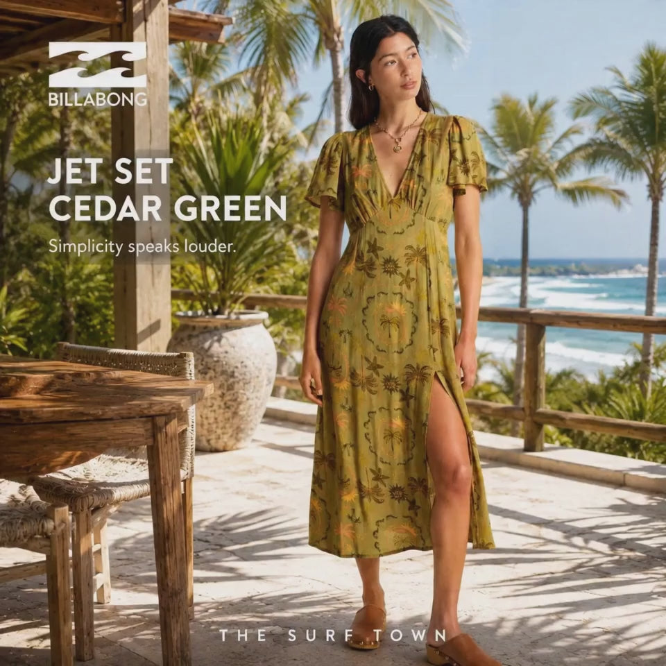 modelo llevando un vestido billabong jet set cedar green en el exterior de una villa con vistas al mar en un video editorial propio de the surf town 