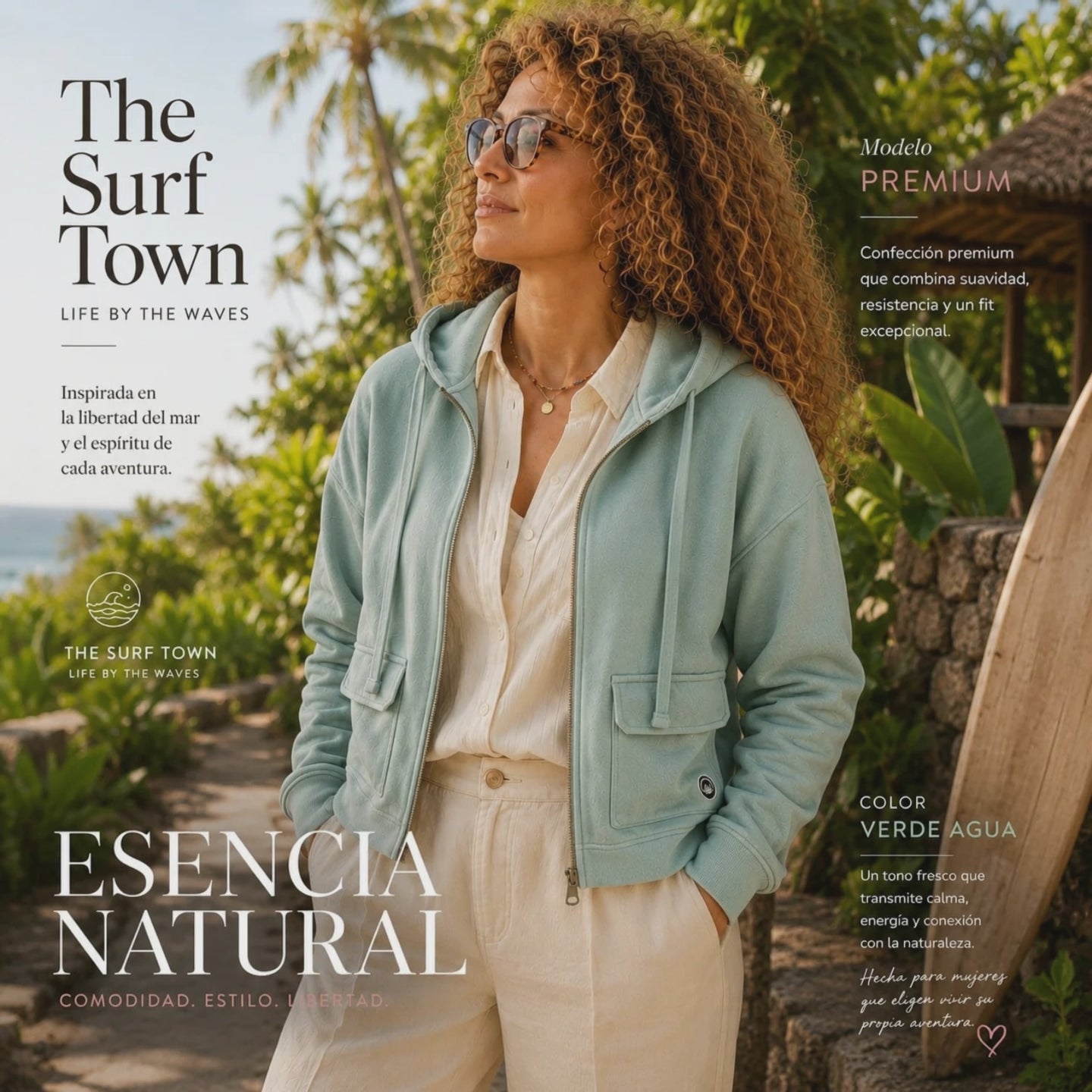 video promocional propio de the surf town de modelo llevando una sudadera the surf town premium aqua green en un exterior premium con vistas al mar