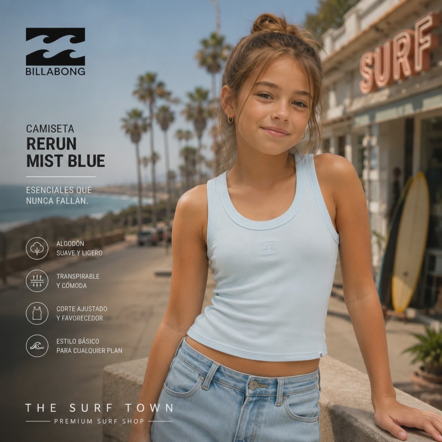 niña modelo llevando una Camiseta Billabong Rerun Mist Blue durante una sesion de video editorial propia de the surf town en un paseo junto al mar