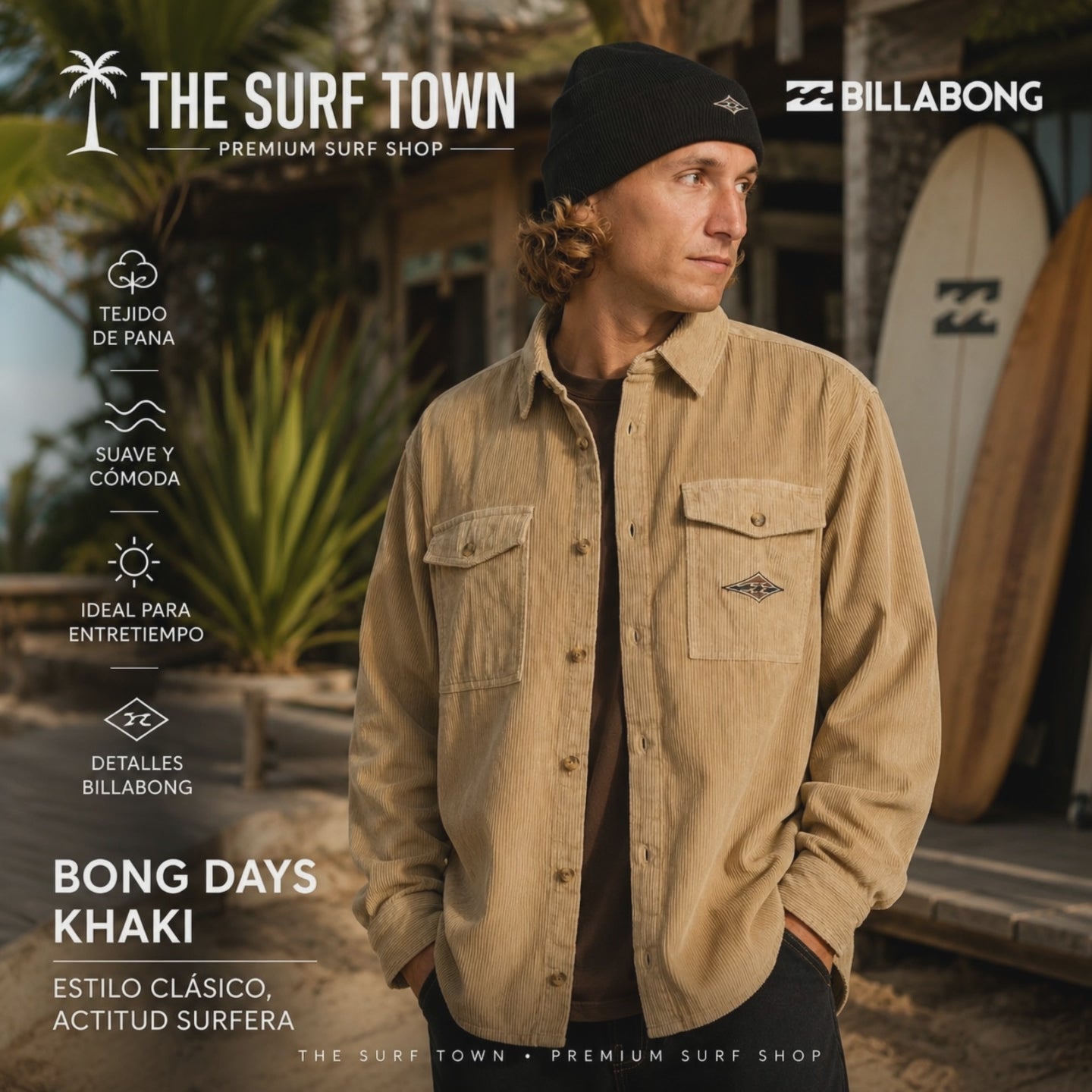 Camisa Billabong Bong Days Khaki para hombre de pana en color caqui con bolsillos frontales en un video editorial propia de the surf town en una cabaña junto al mar