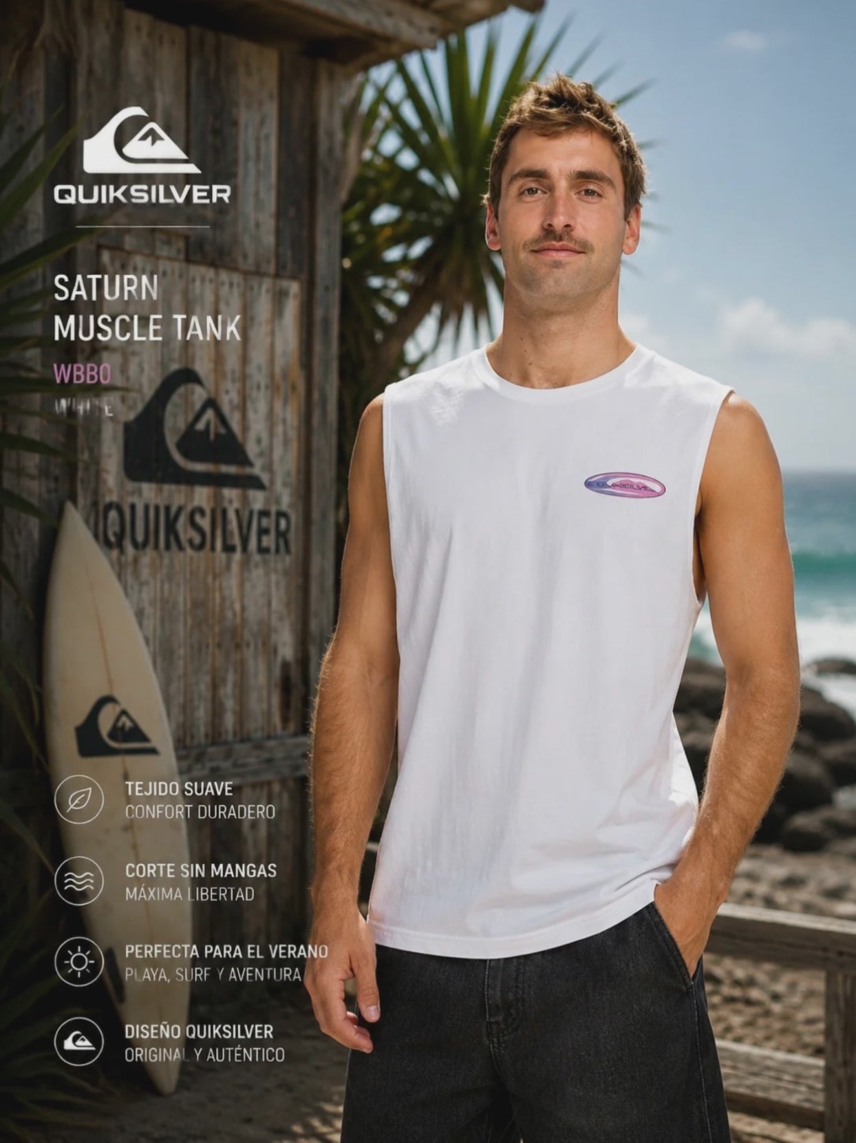 modelo vistiendo una Camiseta Quiksilver EV Quikglobe Muscle White en un video promocional de the surf town en el exterior de una cabaña jutno al mar