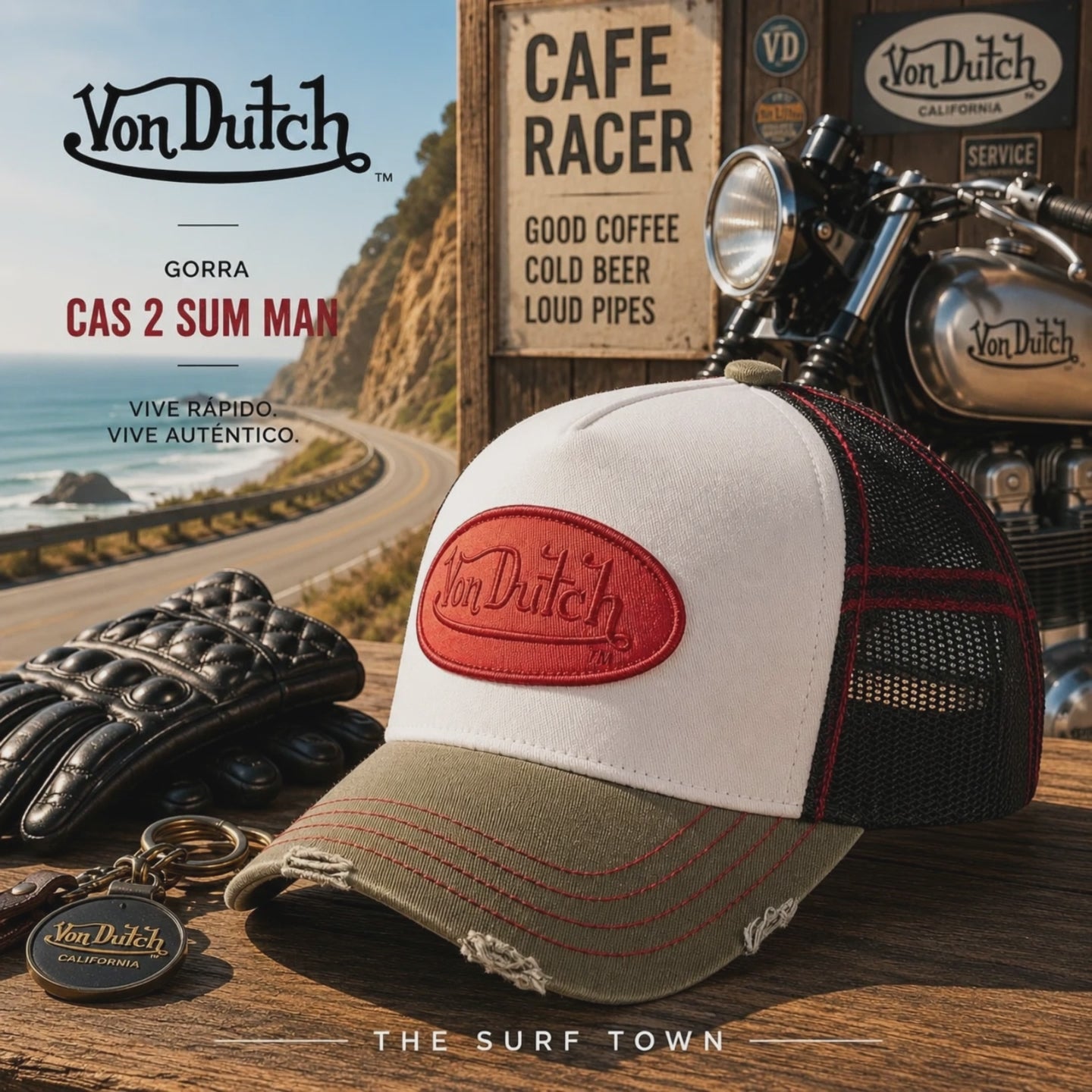 Gorra Von Dutch Cas2 Sum Man en video promocional de the surf town en una tienda cafe racer junto a una carretera junto al mar
