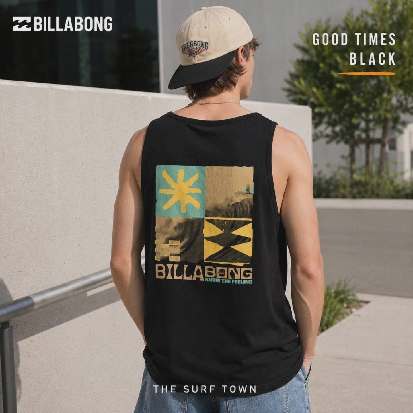 modelo vistiendo una Camiseta Tirantes Billabong Good Times Black durante una sesion de video promocional de the surf town en un exterior premium