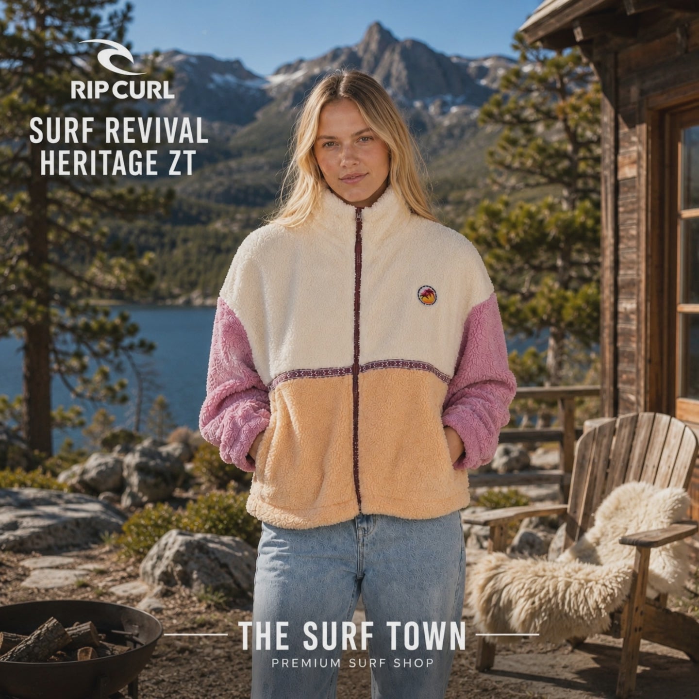 mujer llevando una Forro Polar Rip Curl Surf Revival Hershell durante un video editorial propio promocional de the surf town en el exterior de una cabaña en la montaña