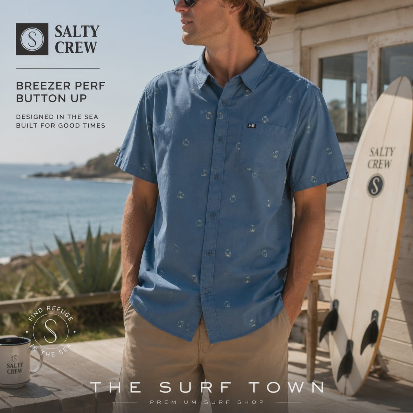 modelo llevando una Camisa Salty Crew Breezer Perf Button Up Channel Blue  durante una sesion de video promocional de the surf town en una cabaña junto al mar