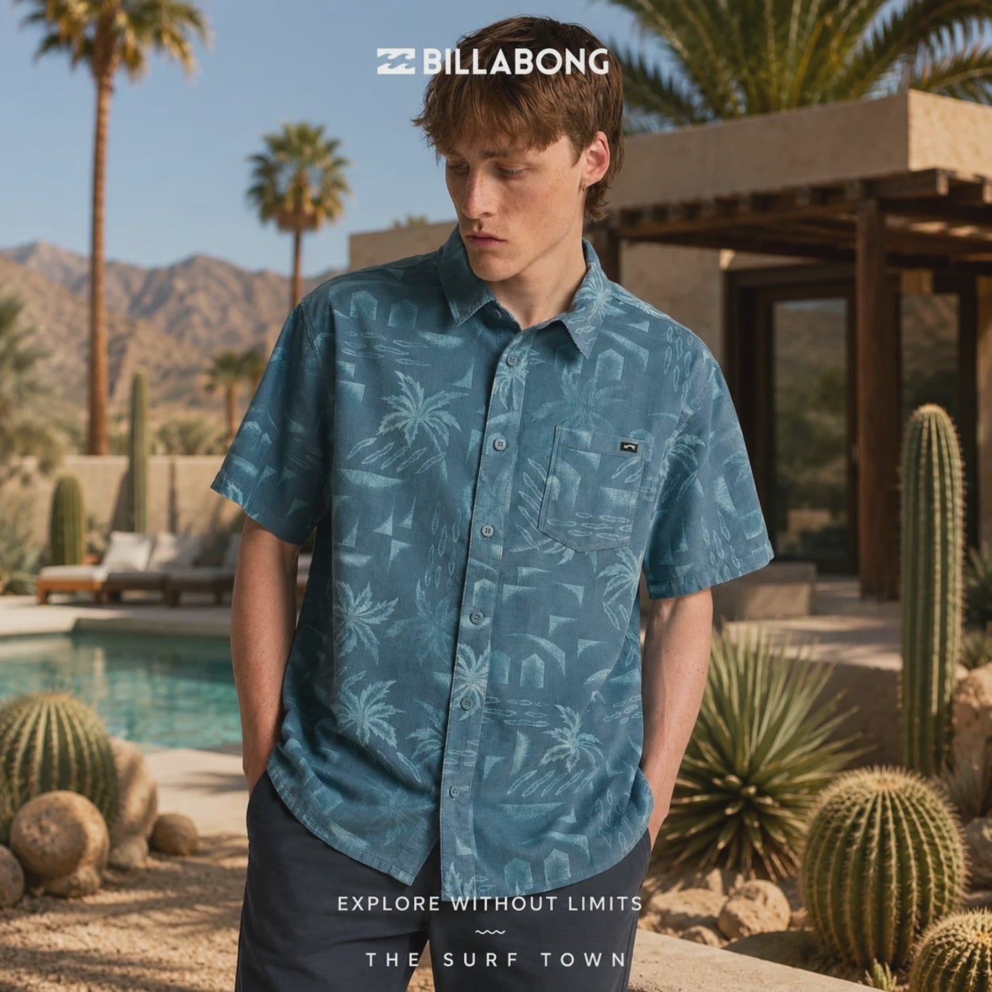 Video editorial de the surf town de modelo en casa de Mexico con camisa billabong solana cord en el patio con piscina y cactus