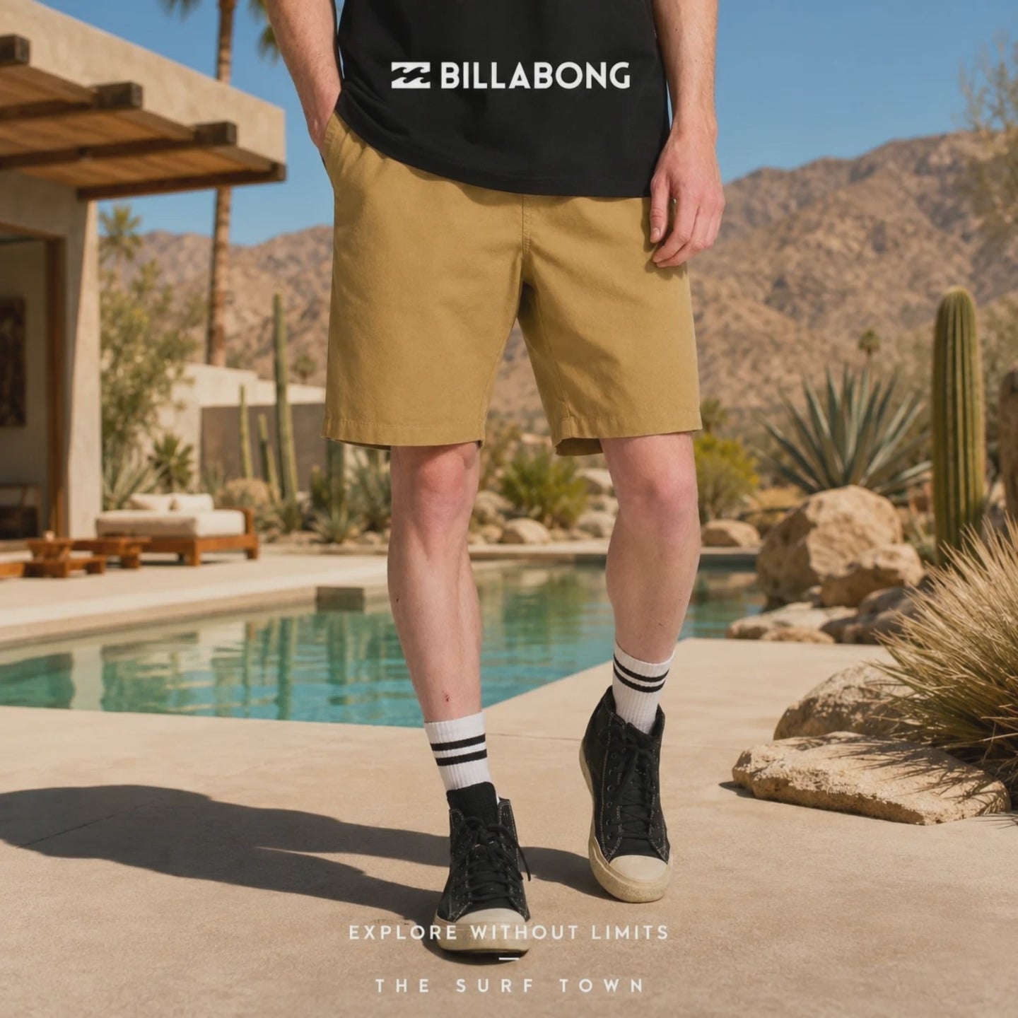 modelo llevando unas Bermudas Billabong Larry Linen Khaki en un video promocional de the surf town en el exterior de una villa de lujo en el desierto