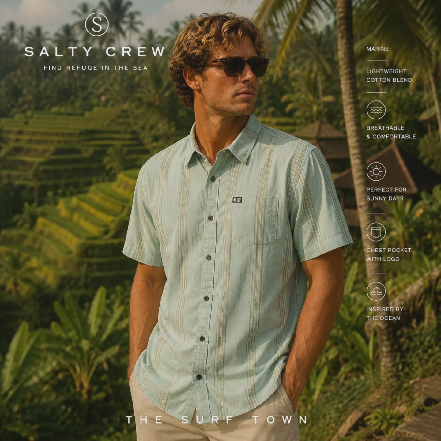 modelo vistiendo una Camisa Salty Crew SS Button Up Marine durante un video promocional de the surf town en bali