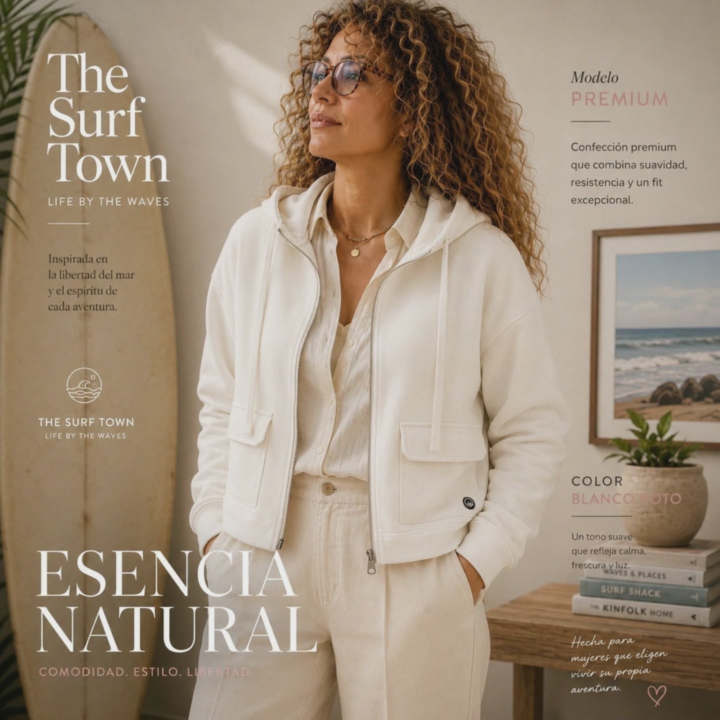 video promocional propio de the surf town de modelo vistiendo su Sudadera The Surf Town Premium Off White dentro de un resort de lujo con textos editoriales premium